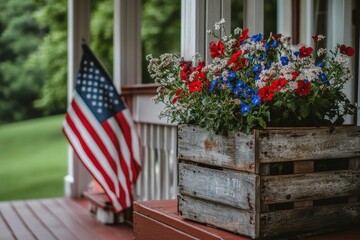 Weathered wooden crate brimming with patriotic red, white, and blue flowers next to an American flag.