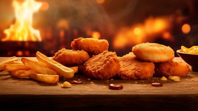 Delicious fried chicken and fries served with sauces, perfect for comfort food lovers.