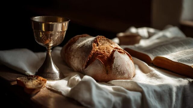 Rustic still life with chalice, artisan bread, and open Bible on white cloth in soft natural light, symbolizing Christian communion, spirituality, and sacred tradition

