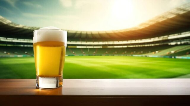 A refreshing glass of beer in a stadium setting with sunlight illuminating the field.