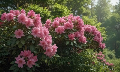 Fototapeta premium Mature rhododendrons, abundant blossoms, green backdrop , rhododendron, flora, pink