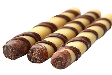 Delicious cream and chocolate covered wafer rolls arranged on a black background