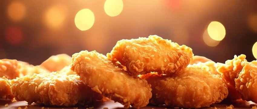 Golden, crispy chicken nuggets served on a warm plate with a festive background.