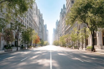Fototapeta premium A wide, empty city street lined with tall buildings and green trees under bright daylight.