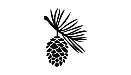 Pinecone with Pine Branch Silhouette, Minimalist Black Illustration on White Background © Tania
