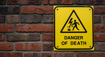 Obraz premium Close Up Danger of Death Sign with High Voltage Symbol on Brick Wall Surface Featuring Black Text and Graphic Yellow Colors