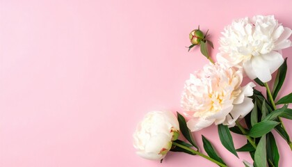 Elegant white peonies with green leaves on soft pink background