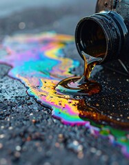 Spilled oil creating rainbow pattern on asphalt surface
