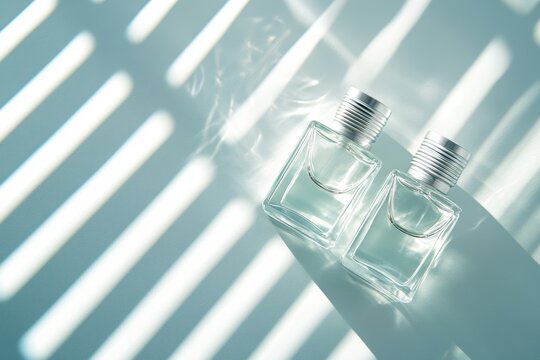 Two clear glass perfume bottles, light and shadow