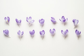 Fototapeta premium Delicate Purple Crocus Blossoms Arranged on White Background Spring Floral Design