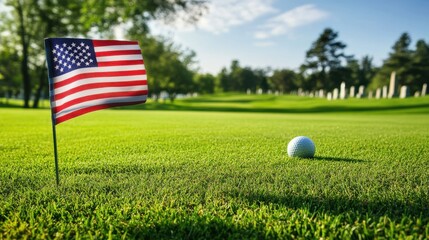 Golf ball and an American Flag on a well-manicured green golf course with a bright blue sky and green trees in the background