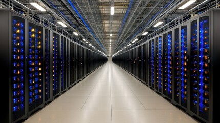 Fototapeta premium Server Room Rows of Modern Data Center Servers with Illuminated LED Lights