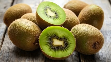 Fototapeta premium Juicy Fresh Kiwis on Rustic Wooden Table