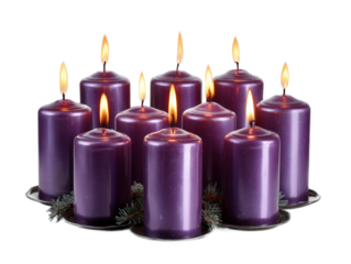 Ten elegant purple candles, burning brightly, are arranged in a circle on a metallic base, adorned with evergreen sprigs