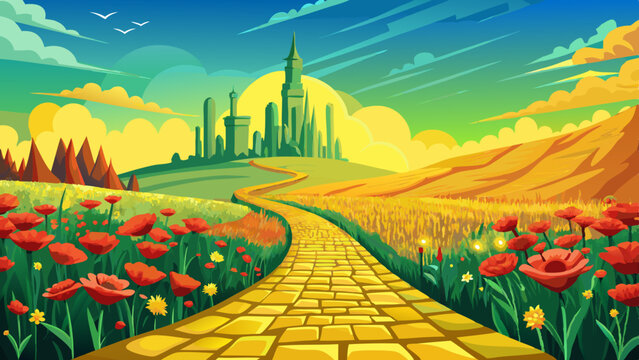 Yellow brick road leading through poppy field to green emerald city in the distance. Wizard of Oz concept. Very beautiful
