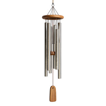 Elegant silver wind chimes with a wooden top and clapper hanging against a transparent  background a perfect addition to any garden or patio creating a soothing outdoor ambiance.