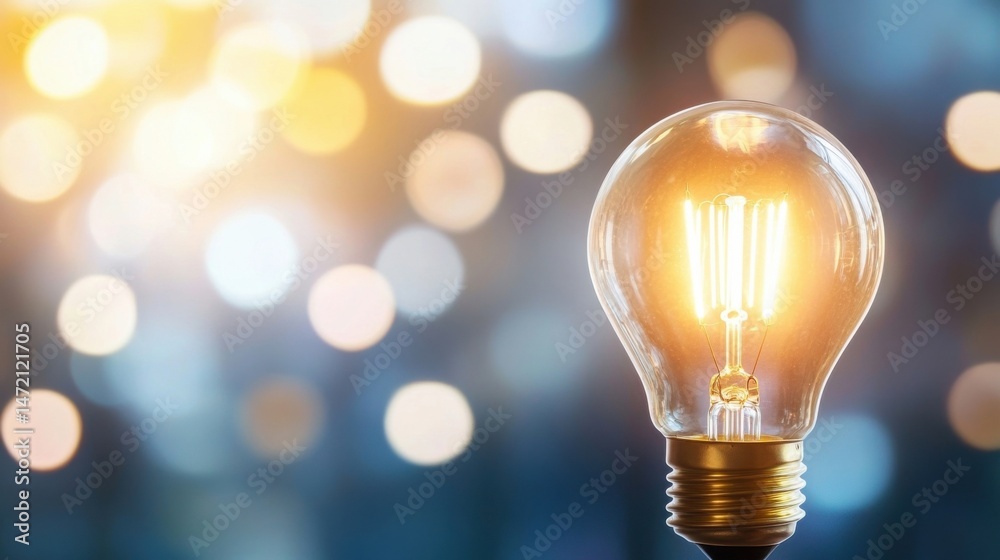 Poster glowing incandescent light bulb against a bokeh background of warm and cool colors, symbolizing idea