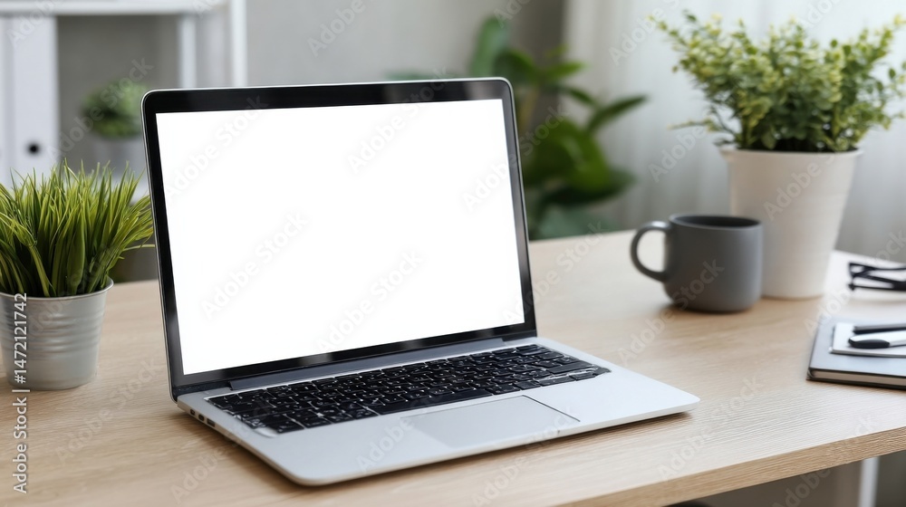 Poster modern laptop with blank screen sits on a light wood desk, surrounded by plants and a coffee mug, cr