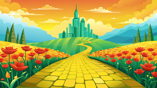 Yellow brick road leading through poppy field to green emerald city in the distance. Wizard of Oz concept. Very beautiful