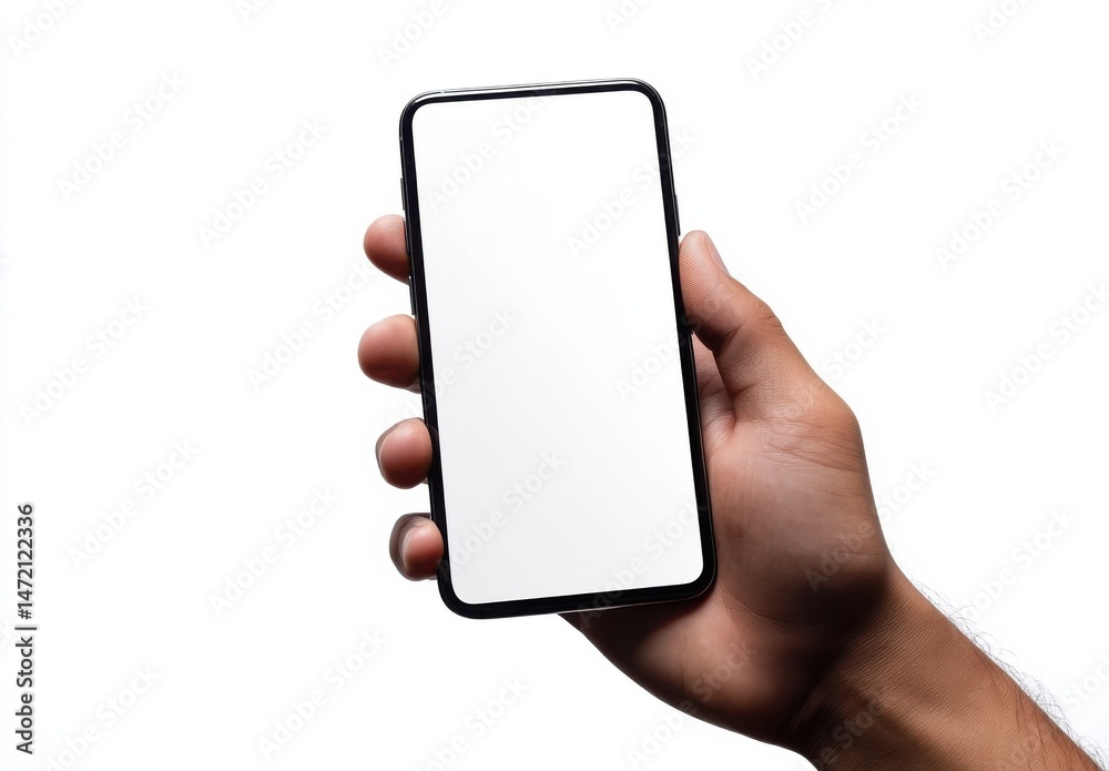 Poster a person's hand holds a smartphone with a blank white screen, showcasing a modern mobile device agai
