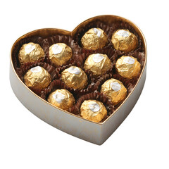 A heart-shaped box overflows with delectable golden chocolates a perfect romantic gift or sweet treat for any occasion showcasing luxurious confectionery and delightful indulgence.