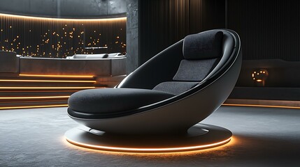 A rotating circular chair base with kinetic cushioning and embedded ambient LEDs, futuristic comfort module for tech lounges, 8K sharp render