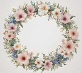 Fototapeta premium Delicate watercolor floral wreath; petals in soft hues, white background, feminine, pastel, pattern