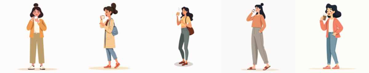 Modern Young Women Enjoying Coffee – Casual Lifestyle Illustrations