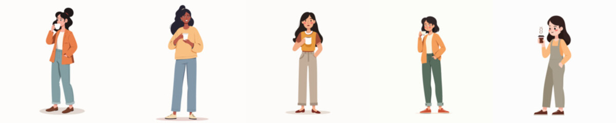 Modern Young Women Enjoying Coffee – Casual Lifestyle Illustrations