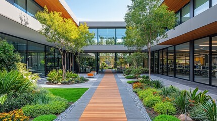 Naklejka premium Modern office courtyard with landscaping and walkway.