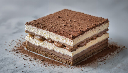 A classic tiramisu with delicate cocoa dusting, elegantly presented on a light gray stone surface in crisp detail.