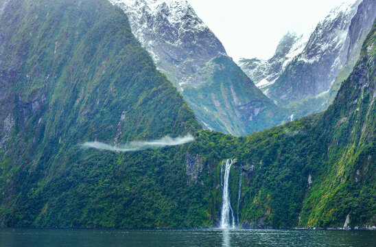 Bowen Waterfall, Milford Sound in fiordland national park New Zealand	