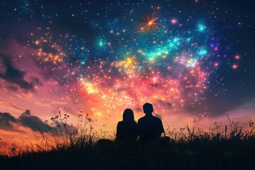Couple gazing at a vibrant, colorful, starry sky with wildflowers in foreground under a tranquil night.