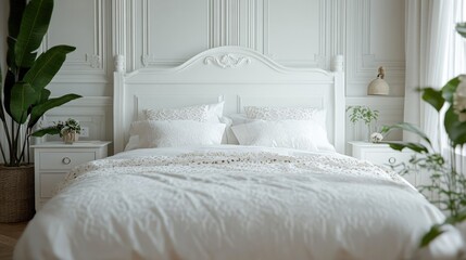 A white-painted iron bed with lace bedding in a light-filled room. Romantic vibes, shabby chic style.