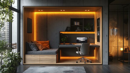 A modular vertical desk pod with floating surfaces and kinetic lighting accents, seamlessly integrated into a corner wall, 8K clarity