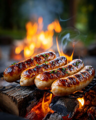 Hot sausages cook on a grill over a campfire, with flames behind them