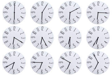 A set of 12 Minimalist Round wall clocks showing time from 06:00 to 06:55 or 18:00 to 18:55. Isolated on white background ideal for concepts related to time.