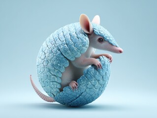 Pastel blue armadillo curled in teal backdrop, pink facial features contrast with alert eyes, geometric armor texture blending defense with whimsy.