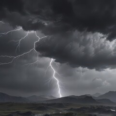 Heavy, bruised grey clouds churn, jagged lightning streaks across the gloom ,  cloudscape,  contrast