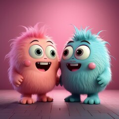 Obraz premium two furry cute 3d character monsters 