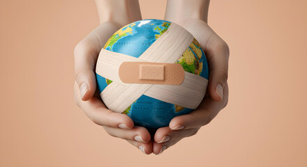 A globe wrapped in bandages is held in two hands, set against a tan background. The image could represent environmental healing, or the need to care for the planet.