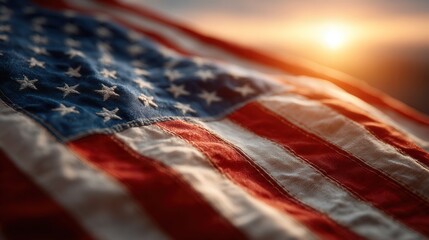 Close-up of the American flag glowing under strong sunlight, with vivid red, white, and blue tones and dramatic folds in a bold outdoor setting.