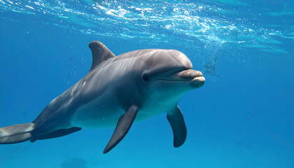 Fototapeta premium Dolphin swimming underwater in clear blue ocean water marine wildlife