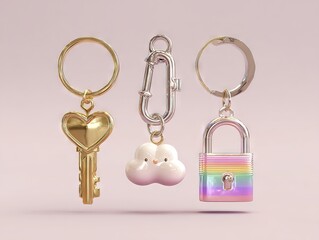 Three minimalist keychains on pink backdrop, silver carabiner with cloud charm contrasting metallic hardware, geometric elegance meets playful design.