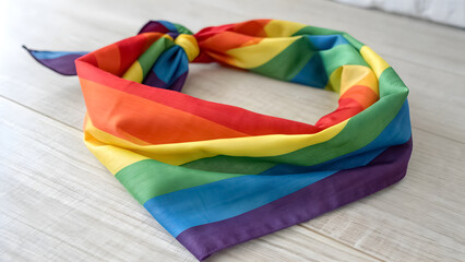 Rainbow bandana worn as a headband or neck scarf