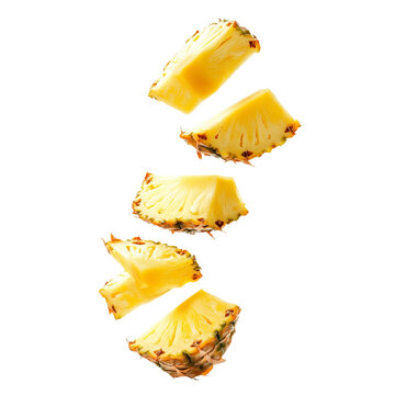 Dynamic pineapple slices captured in mid-air, showcasing the tropical fruit's freshness and vibrant color. The composition highlights the textured surface and juicy interior of each segment.