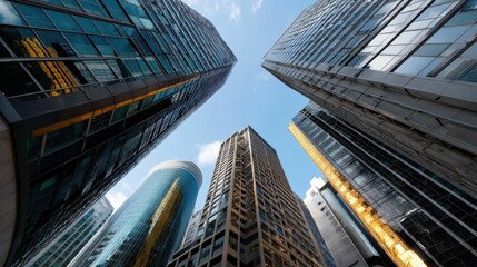 Fototapeta premium Stunning Urban Skyline Perspective with Towering Glass Facades and Clear Blue Sky in Metropolis Environment
