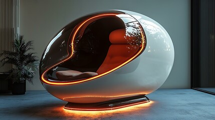 A hovering elliptical pod chair that repositions based on voice presence (in concept), with ambient mood lighting underneath, 8K sharp render