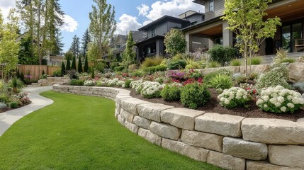 Beautifully landscaped backyard with stone retaining walls, lush green lawn, colorful flowers, and modern homes under a blue sky.