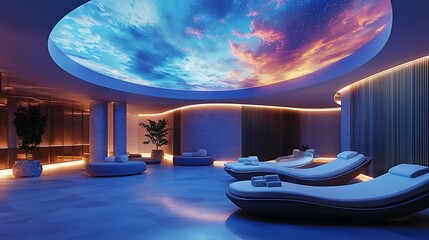 A holographic ceiling mural above a circular rest zone, depicting abstract skies that change per weather, immersive wellness integration, 8K sharp render